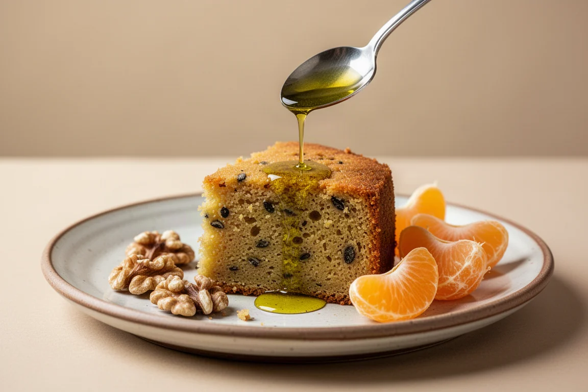 Olive oil cake slice drizzled with golden olive oil and scattered nuts