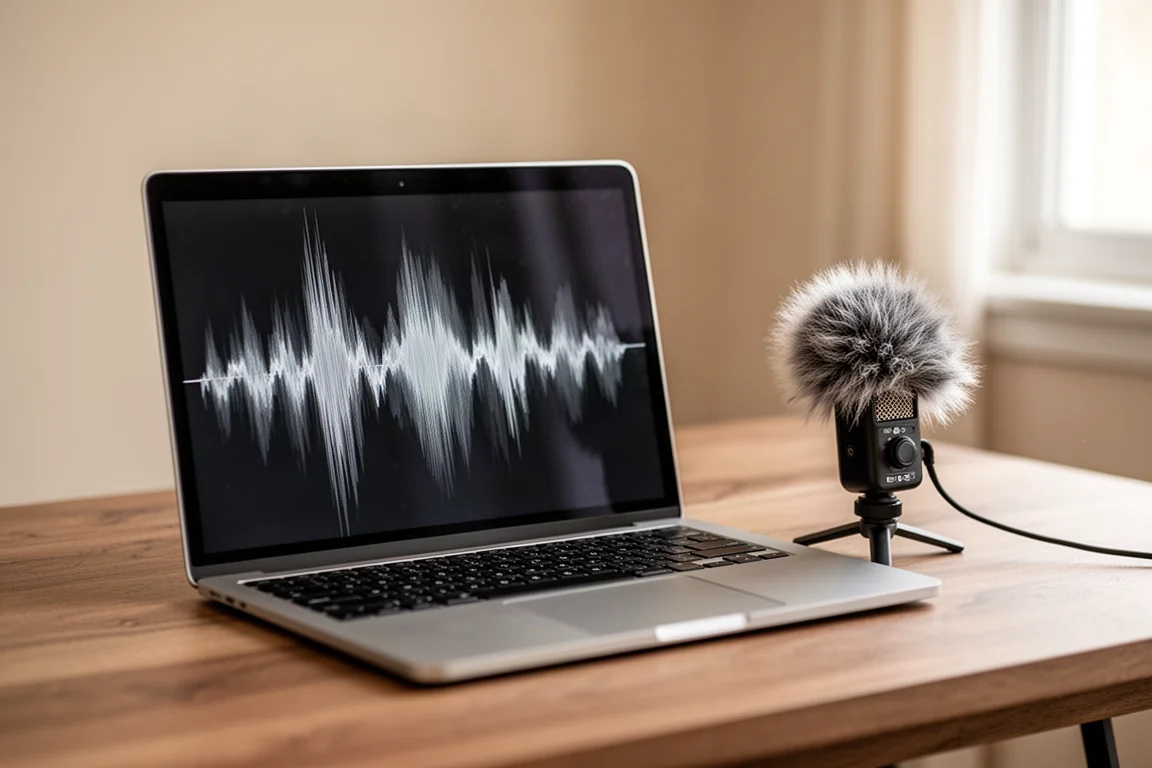 Creador revisando las ondas de audio grabadas en un portátil junto a un micrófono