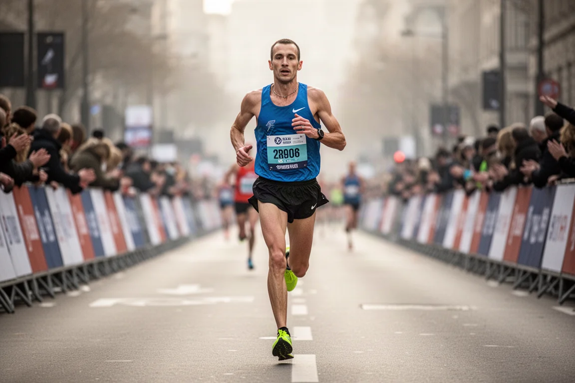 応援の声が響く街中を力走するマラソンランナー