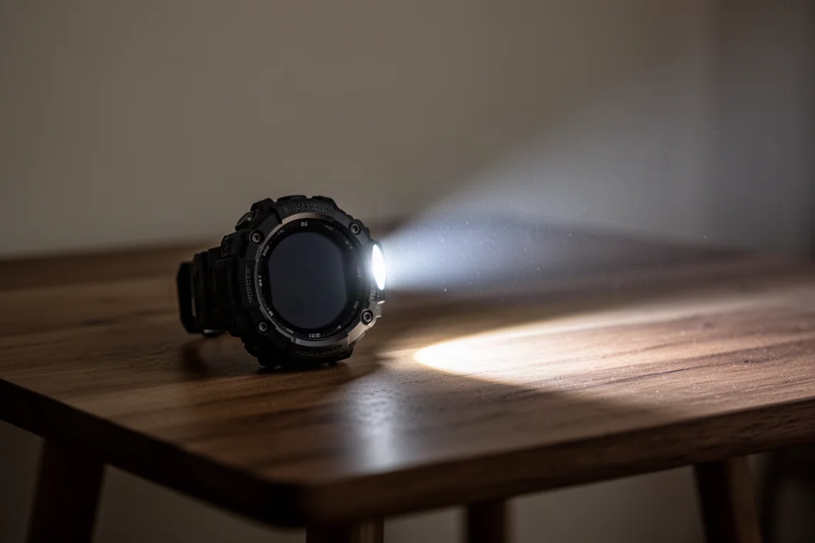 Montre connectée robuste avec faisceau de lampe torche éclairant une pièce sombre