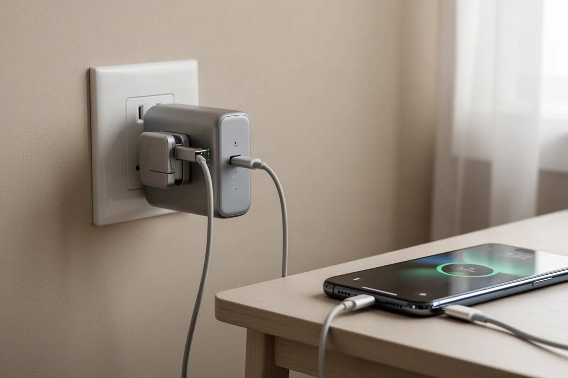Batterie externe branchée à une prise murale rechargeant un smartphone