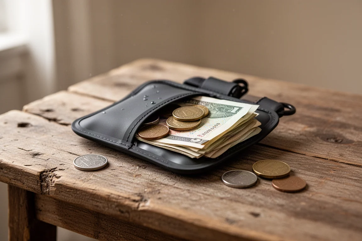 Petit portefeuille imperméable ouvert avec pièces et billets sur une table en bois