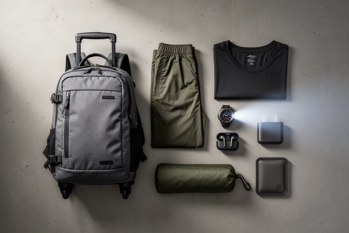 Travel essentials flat lay with backpack, clothing, smartwatch, earbuds, power bank, toiletry bag, and wallet