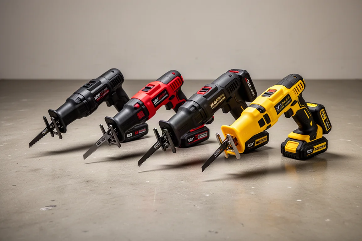 Four compact cordless one-handed reciprocating saws lined up on a concrete surface