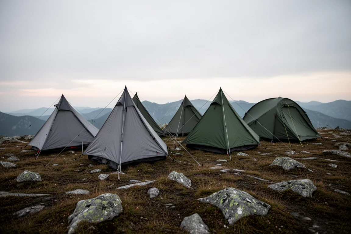 Lightweight one-person backpacking shelters pitched on an alpine ridge at dusk