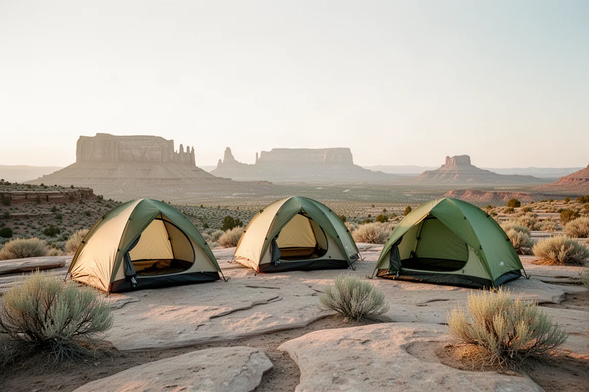 Tenda da backpacking per una persona montata su slickrock desertico crepato al crepuscolo con mesa in lontananza