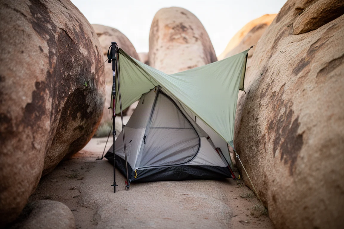Bastoncino da trekking esteso sotto l'angolo di una tenda ultraleggera appoggiata su roccia nuda