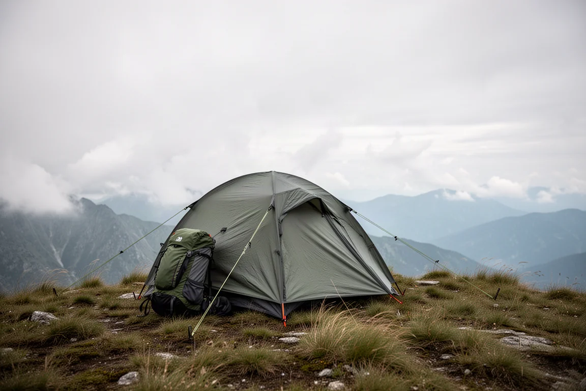 Vista dall'alto dell'attrezzatura da backpacking in solitaria con stuoino, picchetti, tiranti e bastoncino da trekking