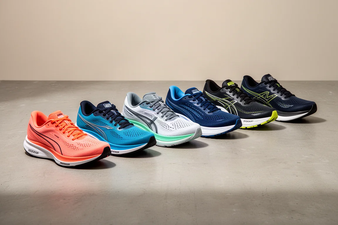 Eight running shoes arranged in a row on a concrete surface