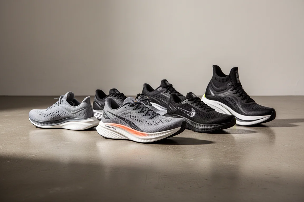 Seven running shoes of varied silhouettes lined up on a concrete studio floor