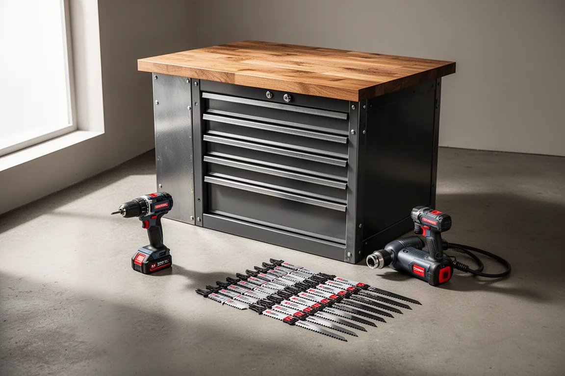 Tool cabinet, cordless drill, inflator and saw blades arranged on a concrete garage floor