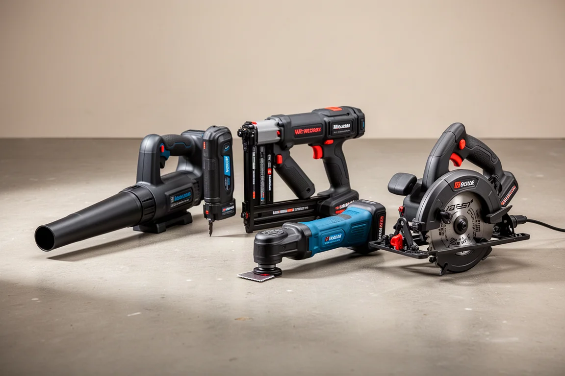 Cordless power tools including a blower, nailer, multi-tool and circular saw arranged on concrete