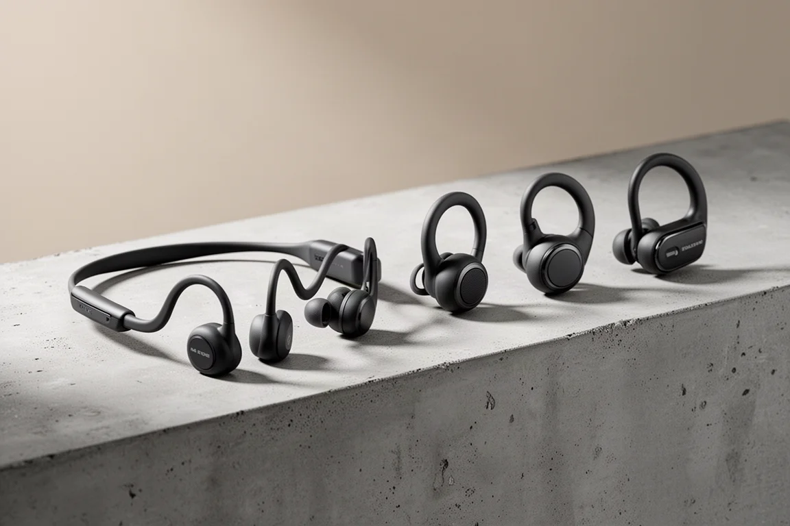 Six open-ear sports headphones arranged in a row on a concrete surface