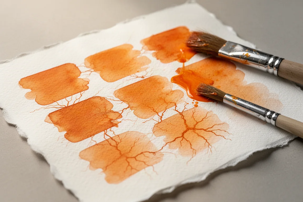 Échantillons d'aquarelle de pigments orange en train de sécher sur papier grain torchon