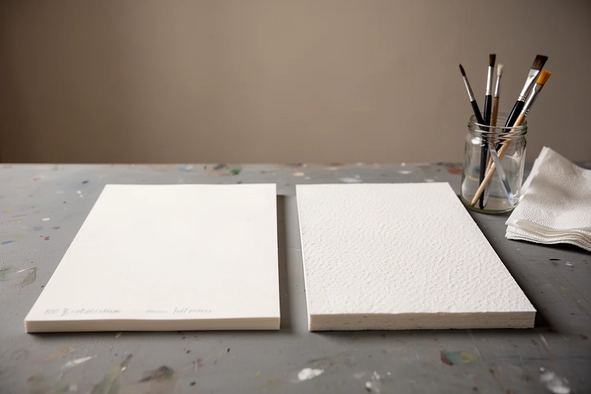 Espace de travail d'un artiste avec des blocs de papier aquarelle coton sur un bureau