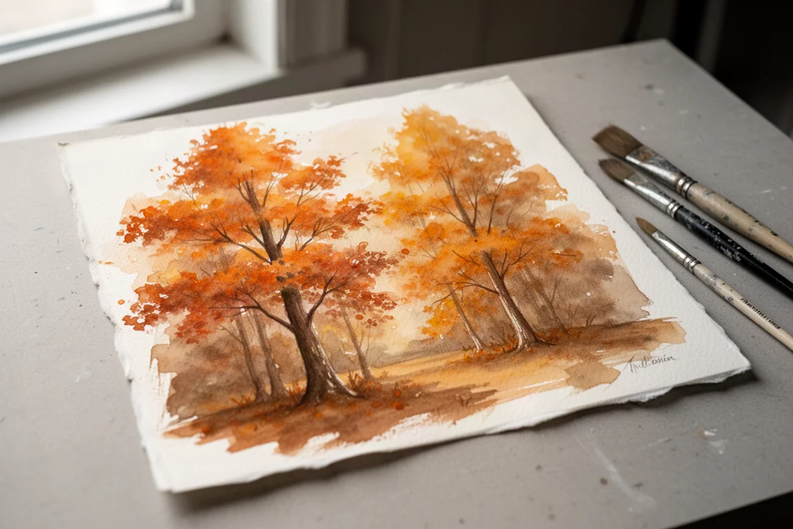 Arbres d'automne peints avec une palette limitée d'aquarelles orange