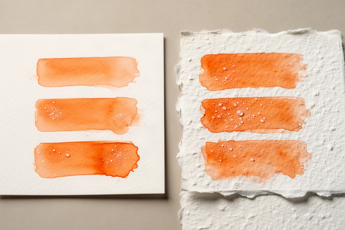 Comparaison côte à côte d'échantillons orange sur papier lisse et papier rugueux
