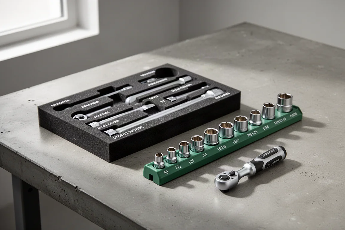 Foam tool tray, socket organizer rail, and ratchet arranged on a concrete workbench