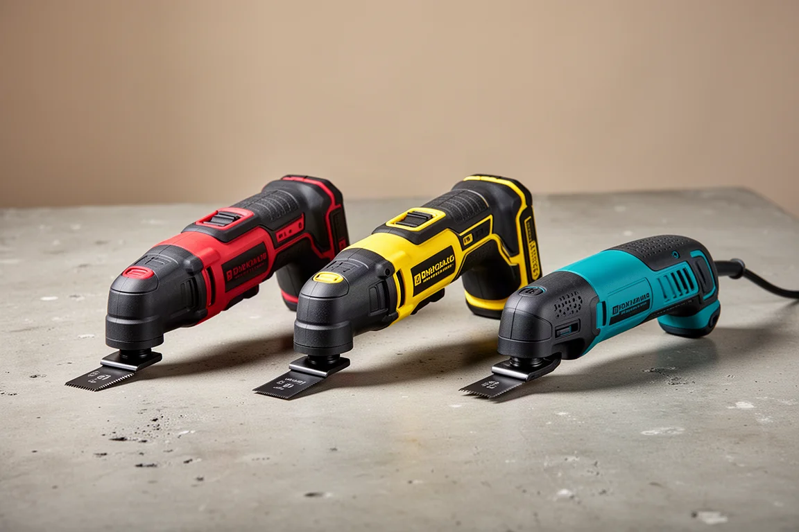 Three oscillating multi-tools in red, yellow, and teal arranged on a concrete workshop surface