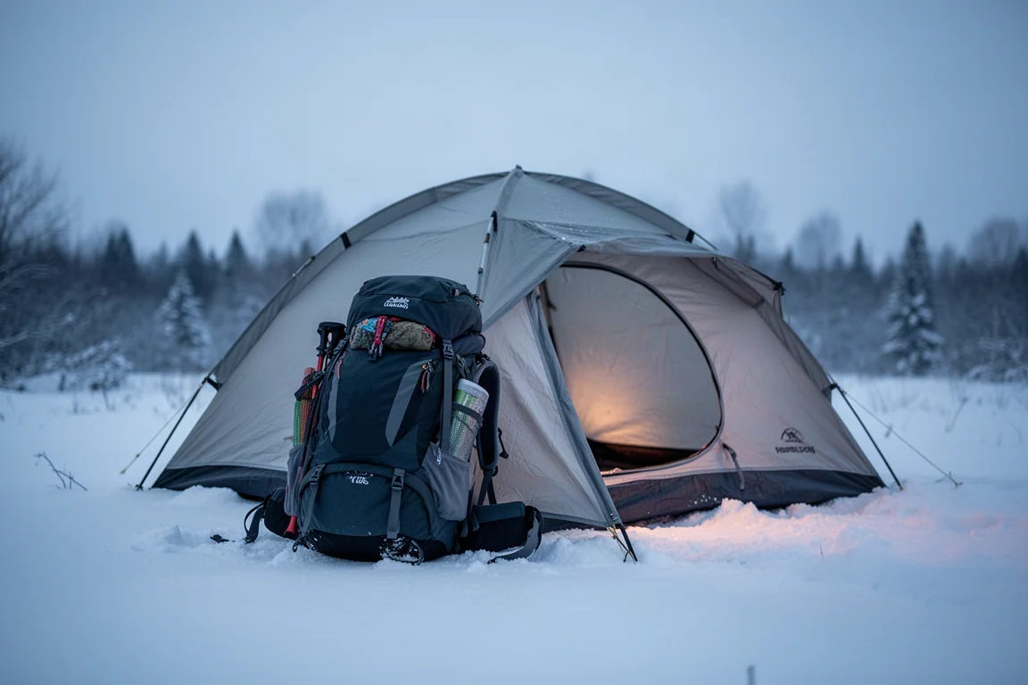Packad vandringsryggsäck lutad mot ett tält i snö i skymningen