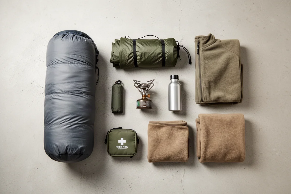 Uppradad backpacking-utrustning med sovsäck, kök och lagerplagg på betong