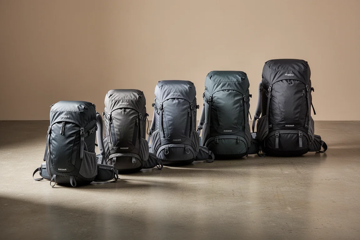 Cinque zaini da trekking di dimensioni diverse allineati su un pavimento di cemento