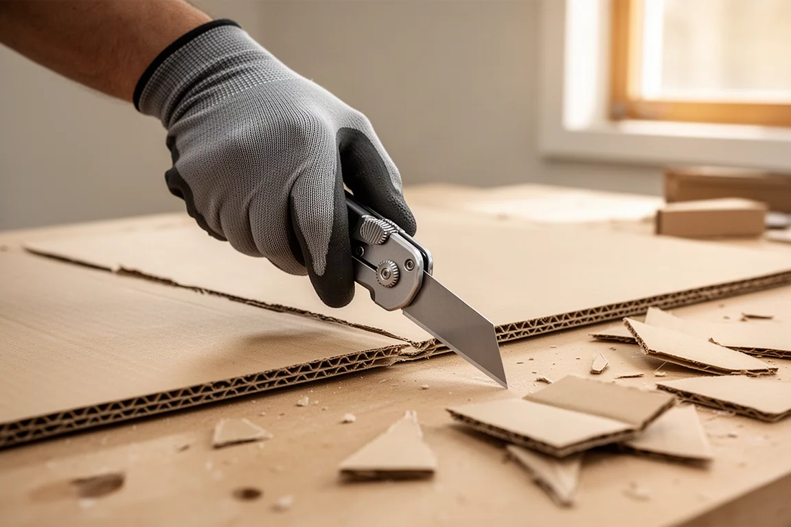 Person using an OTF utility knife to cut cardboard on a workshop bench