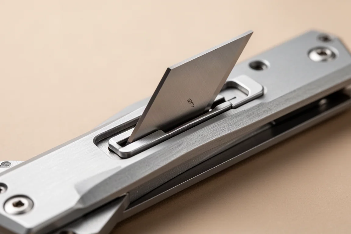Close-up of a scalpel-style utility blade sliding into a blade carrier