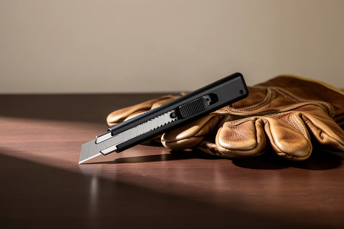 Slim black automatic knife resting on a dark wooden desk