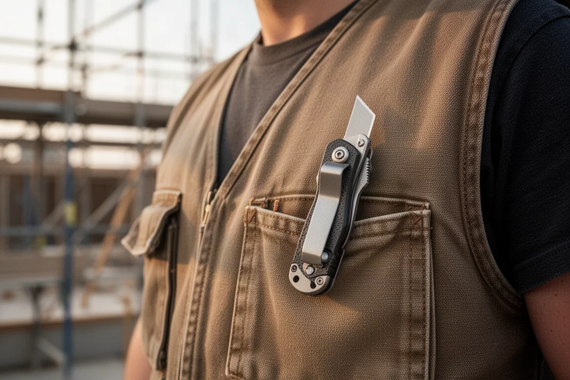Utility knife and pocket clip visible in a work vest pocket at a job site