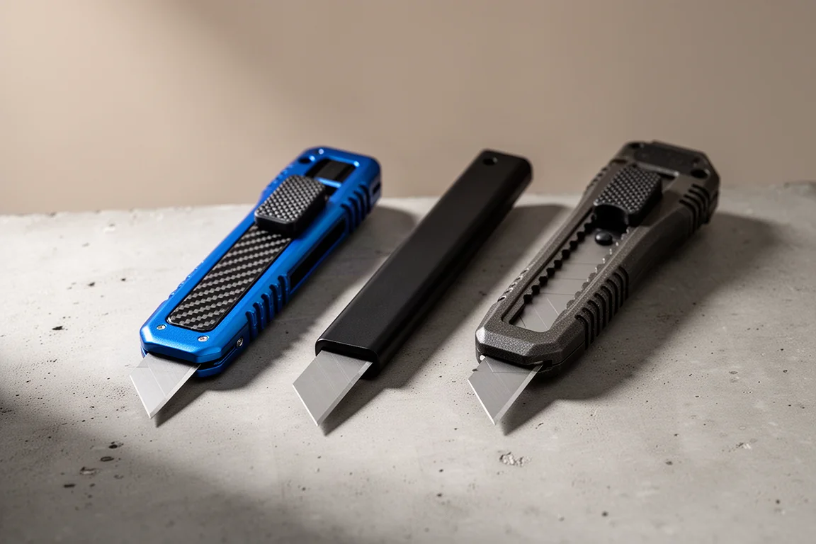 Three OTF utility knives lined up on a concrete surface