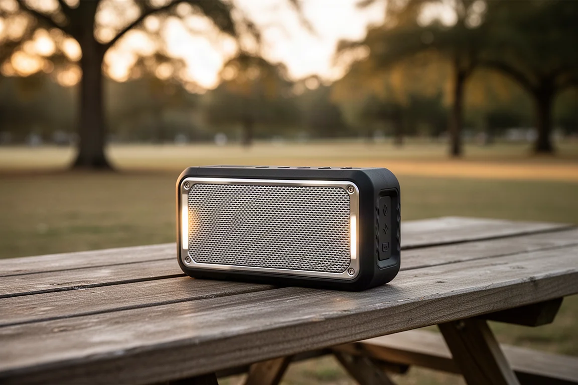 Portable speaker on a picnic table at a park gathering in warm evening light