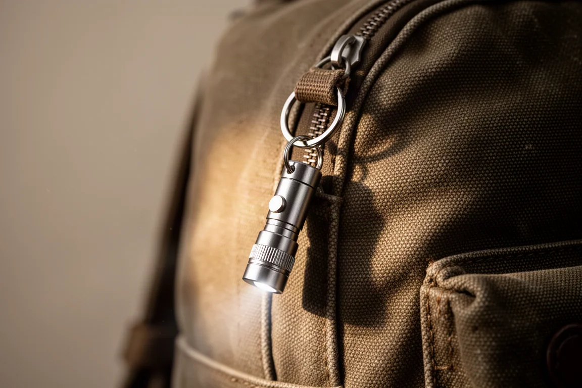Tiny keychain flashlight clipped to a backpack zipper in close-up