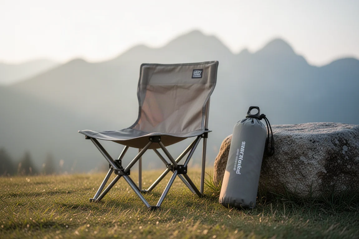 Compact folding chair set up on grass beside a small packed water-bottle-sized bundle