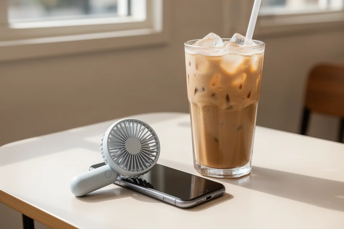Handheld fan resting on a cafe table beside an iced drink on a hot day
