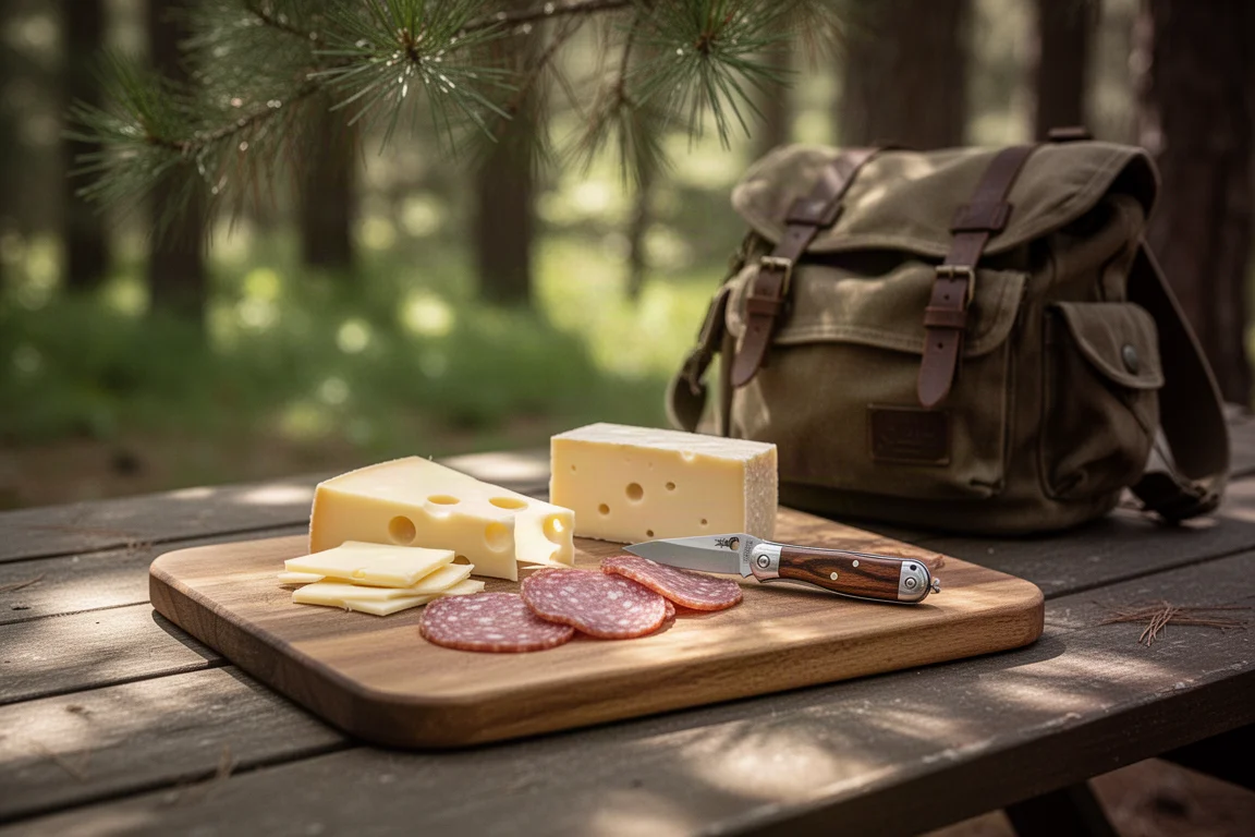 Tabla de campamento con queso y salami y un pequeño cuchillo plegado en una mesa de picnic del bosque