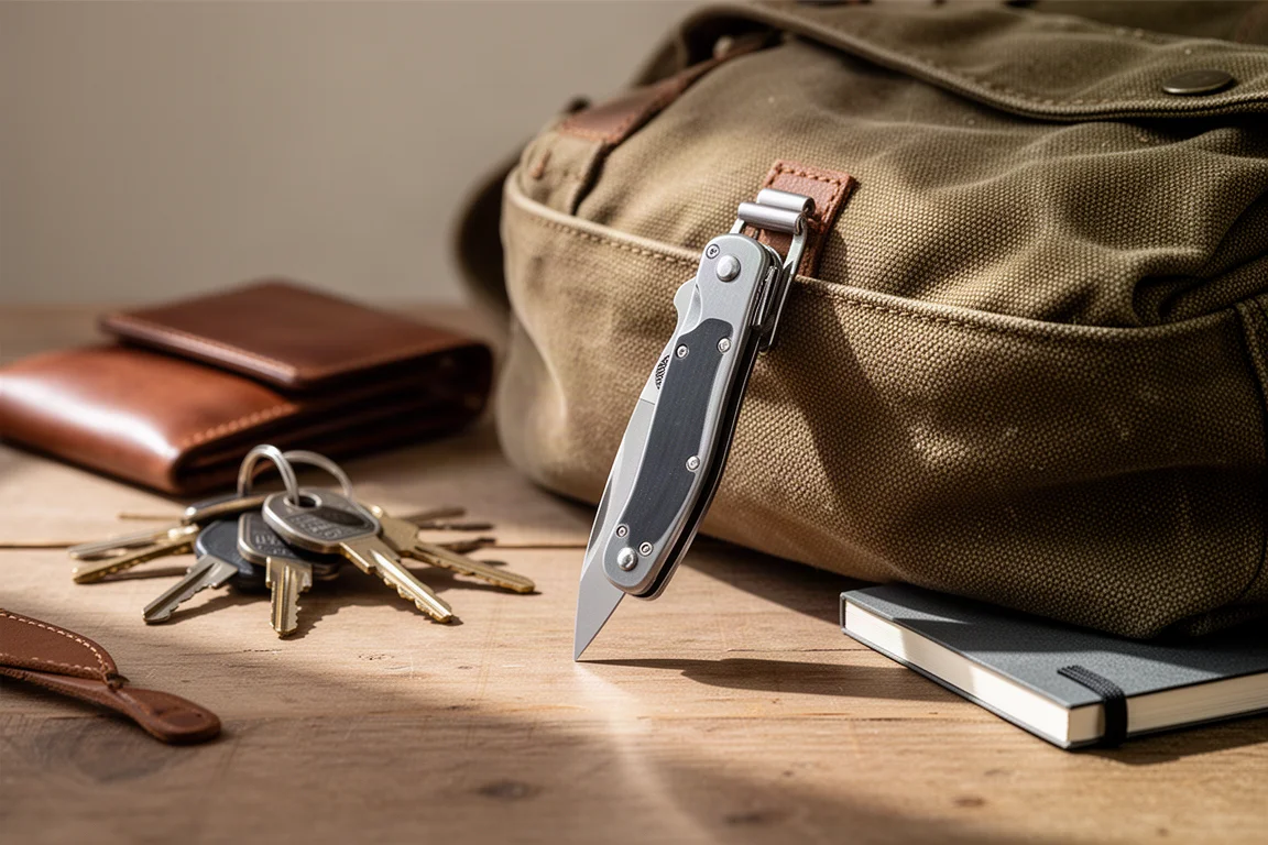 Cuchillo plegable enganchado a una bolsa de trabajo de lona con llaves y cuaderno sobre una mesa
