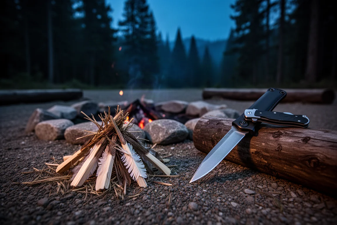 Zona de acampada al atardecer con palos de plumas, yesca, un anillo de fuego y dos cuchillos en reposo