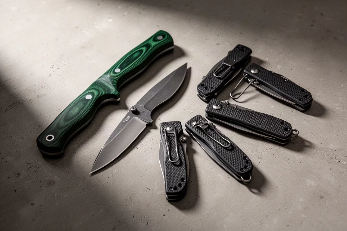 Overhead arrangement of fixed blade and folding knives on a matte concrete surface