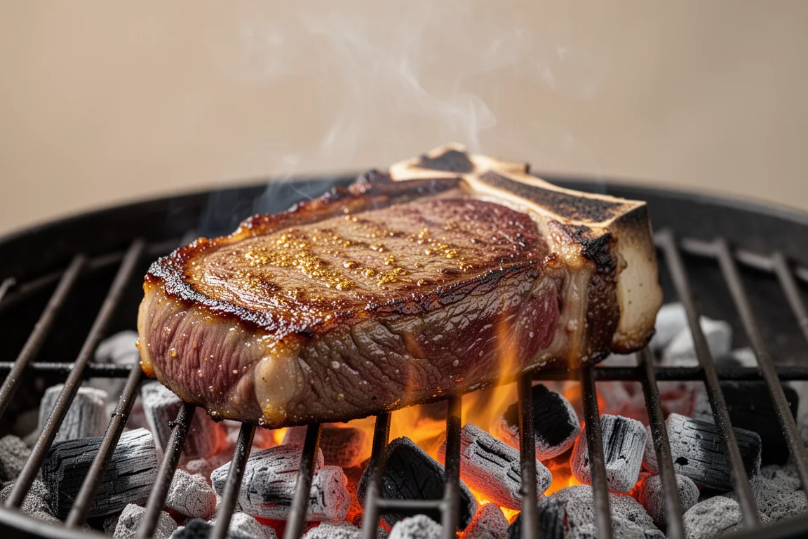 Gegrilde tomahawk die aanbraadt op een open vuur grill