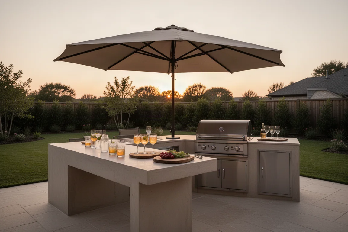Buitenkeuken in de achtertuin met grote parasol tijdens het gouden uur