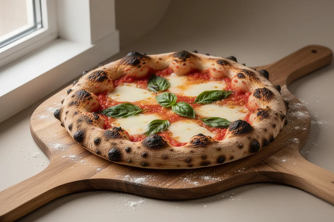Versgebakken pizza met blaren in de korst op een houten pizzapeel