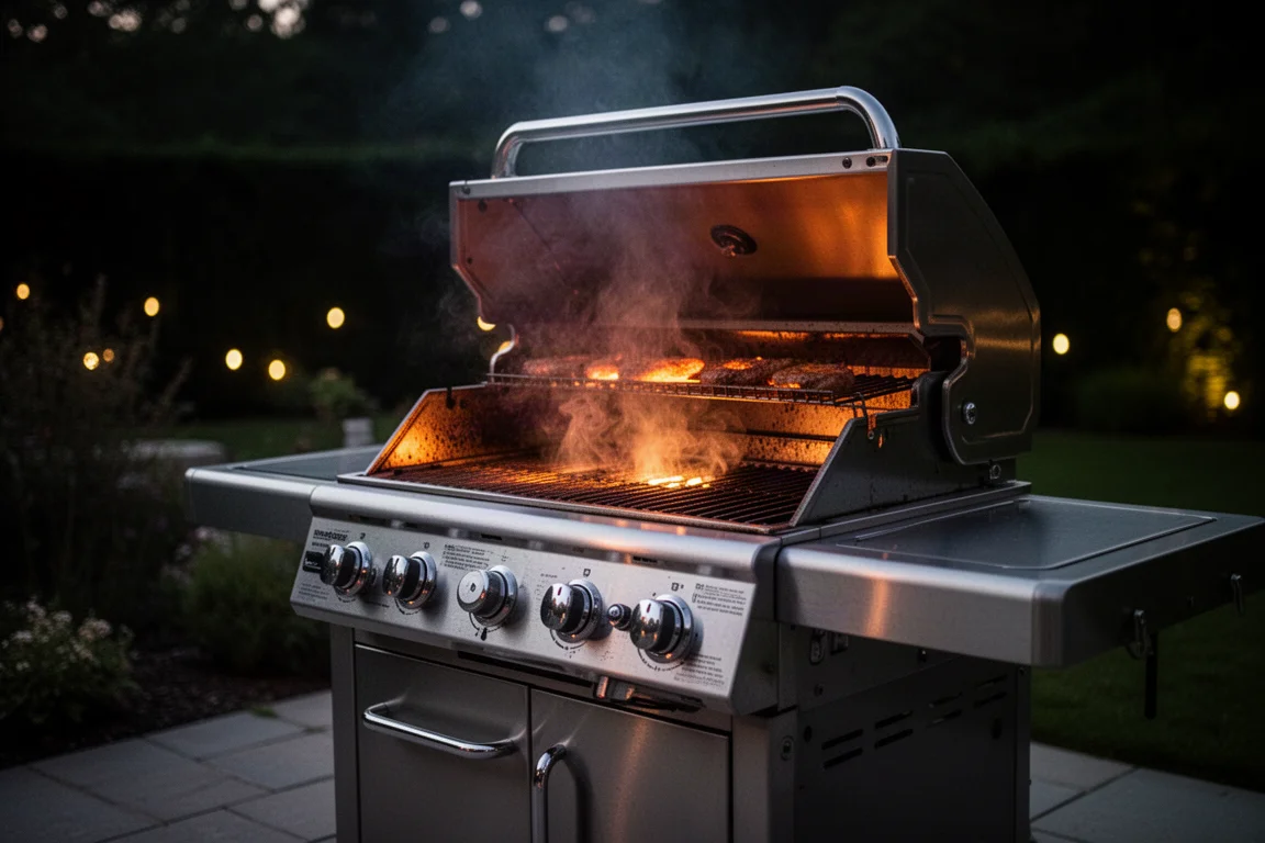 RVS gasgrill met meerdere branders brandend in de schemering