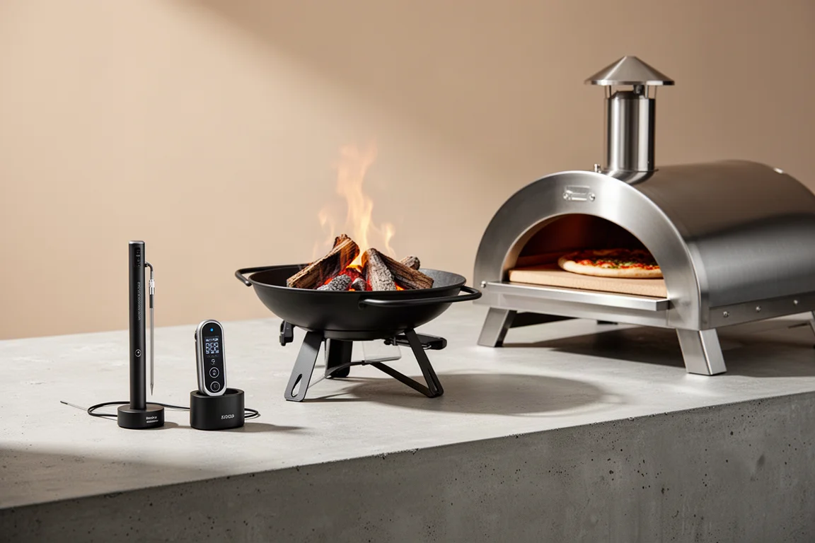 Outdoor cooking products including a meat thermometer, tabletop fire pit, and pizza oven on concrete