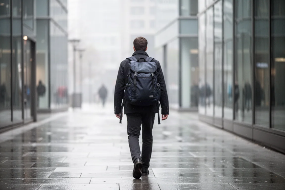 Commuter walking a wet city street in early morning light with a dark daypack on their back