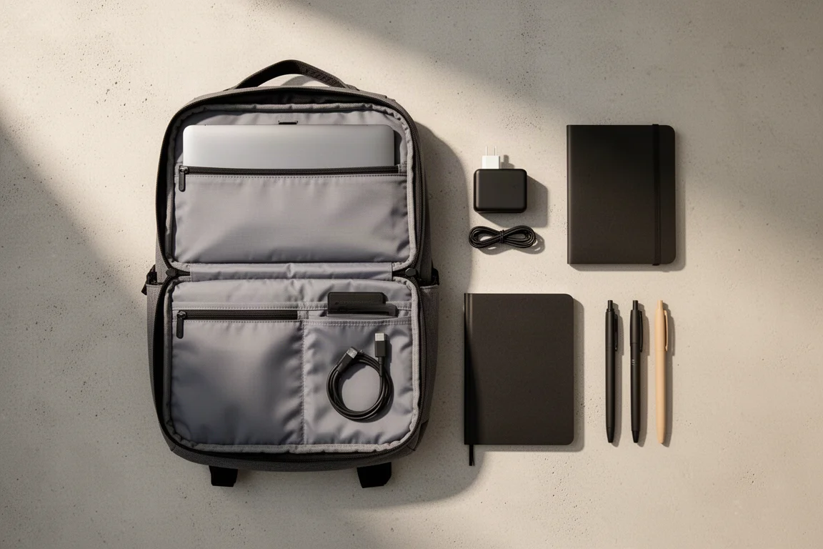 Overhead flat lay of travel gear beside an open daypack panel on a concrete surface