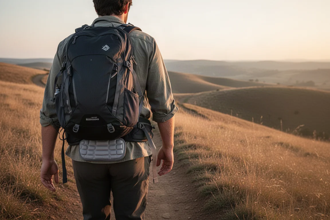Hiker seen from behind walking a rolling dirt trail at golden hour with a technical daypack