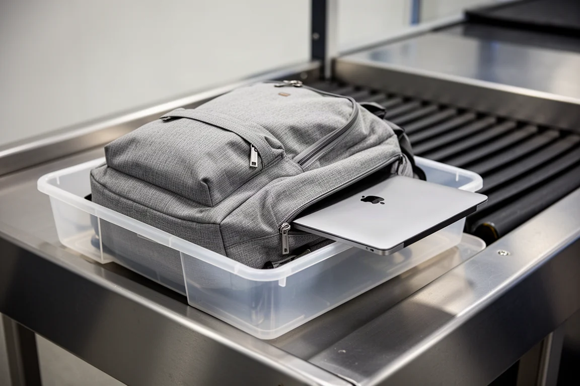 Daypack placed in an airport security tray with a laptop sliding from a side sleeve