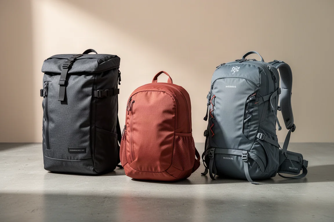 Three outdoor daypacks lined up on a concrete surface in soft studio light