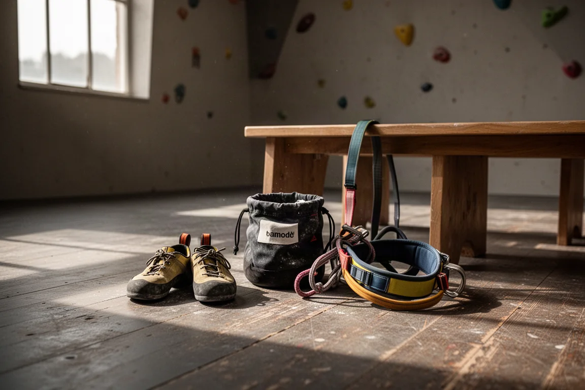 Scarpe da arrampicata, sacca per magnesio e imbracatura avvolta accanto a una panca sul pavimento di una palestra